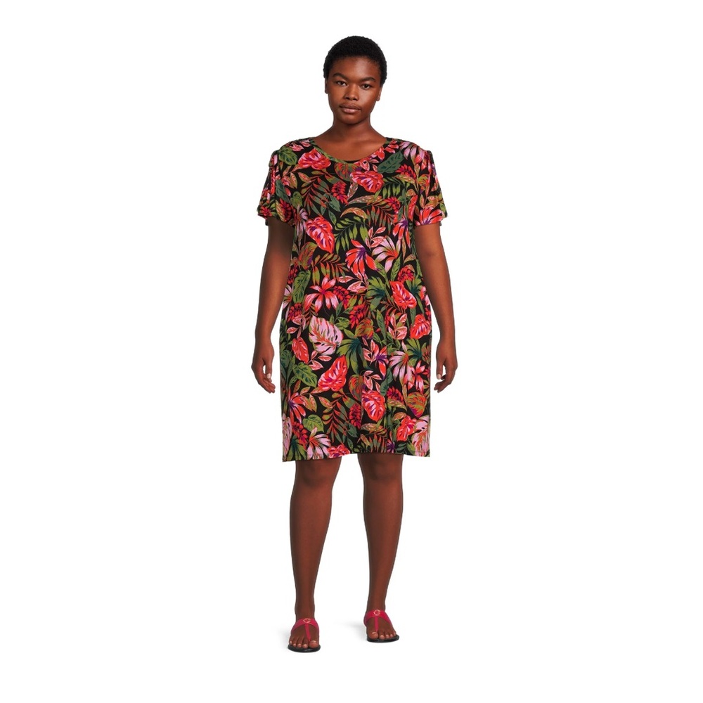Terra & Sky Women's Plus Size Ruched Shoulder Knit Dress, Tropical/ black soot